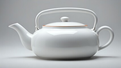 Elegant white ceramic teapot with a curved handle and lid, isolated on a grey background. Perfect for tea, kitchen, or homeware websites.