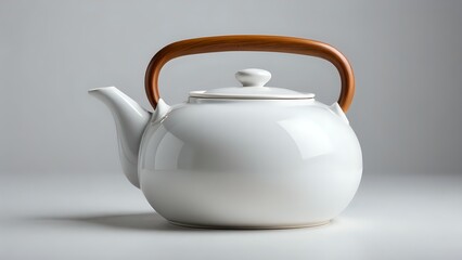 Elegant white ceramic teapot with a wooden handle, perfect for tea ceremonies or kitchen décor.  Studio shot on a neutral background.