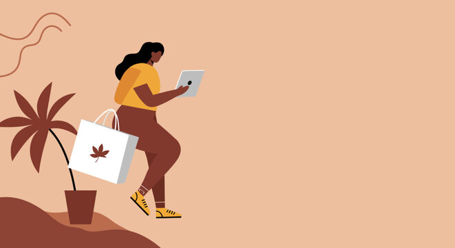 Modern woman engaging in online shopping and digital connectivity while walking casually. Ideal for e-commerce, lifestyle, or technology concepts.