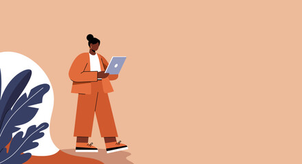 Professional Black woman in an orange suit using a laptop, representing remote work, productivity, and modern business technology. Ideal for digital marketing or corporate concepts.