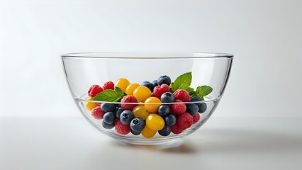 Vibrant mix of raspberries, blueberries, and yellow plums in a clear glass bowl, garnished with fresh mint. Perfect for healthy eating, summer recipes, or food blogs.