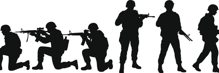 Silhouetted soldiers in battle-ready poses, military teamwork, army valor, combat readiness, honor, bravery, war heroes, armed forces tribute
