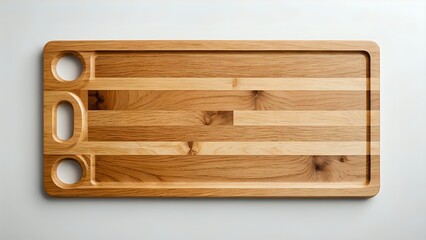 A high-resolution image showcasing a beautiful, rectangular wooden cutting board with finger holes, ideal for culinary or food styling.  Perfect for bloggers, chefs, and food websites.