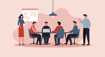 Diverse business team collaborating in an office meeting. Professionals discuss strategy and ideas during a productive presentation session, symbolizing teamwork and corporate success.