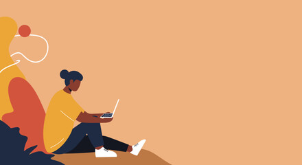 An illustration of a focused person sitting on the ground, casually working on a laptop. Perfect for remote work, online learning, and digital lifestyle concepts.