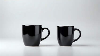 Two sleek, black ceramic mugs on a minimalist white background, perfect for branding or design mockups.  Offers a clean, modern aesthetic.