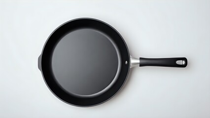 Overhead shot of a single, empty black frying pan with a black and silver handle isolated on a white background. Perfect for culinary or kitchen-related projects.
