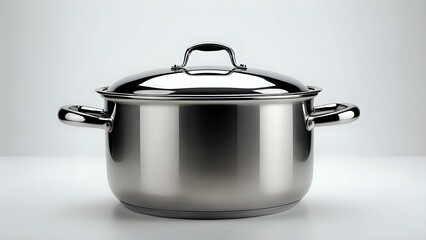 Shiny stainless steel stock pot with lid and handles, isolated on white background. Perfect for culinary, kitchenware, or cooking websites.