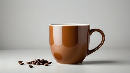A large brown coffee mug with a handle sits next to a small pile of coffee beans against a light grey background.  Perfect for coffee-related projects.