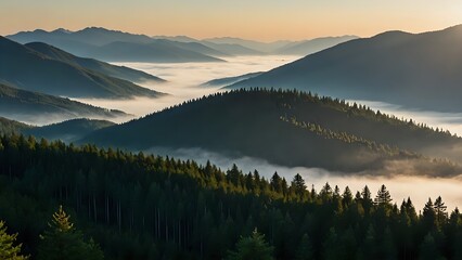 Serene sunrise over misty mountain range, showcasing layers of fog nestled amongst lush evergreen forests and majestic peaks.  A breathtaking landscape panorama.