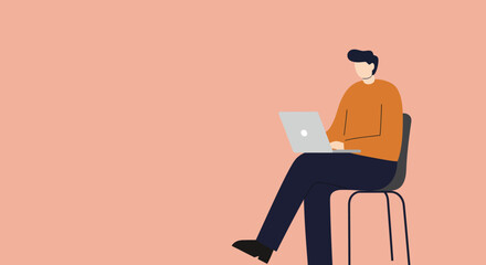 A focused man uses a laptop on a simple background, symbolizing remote work, online learning, and digital productivity. Ideal for business, technology, or lifestyle concepts.