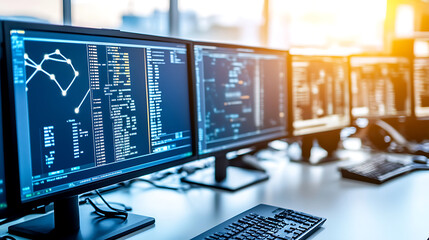 Naklejka premium Modern Workstation with Multiple Monitors Displaying Code and Data