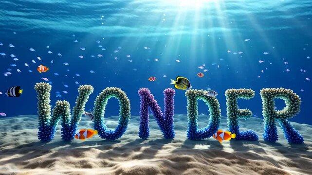 Video of Underwater Wonder: The word WONDER crafted from vibrant aquatic life shimmers in a magical undersea tableau, evoking feelings of awe. - 4K