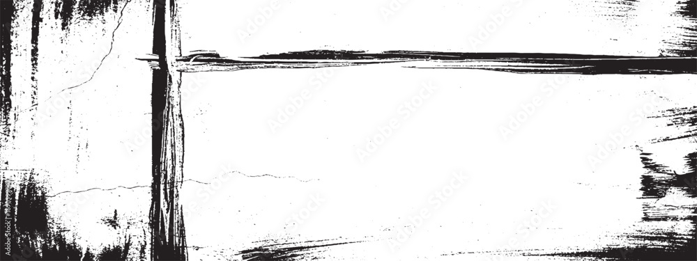 Poster brush strokes and distressed marks forming abstract frame with textured black and white composition