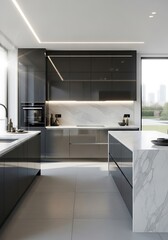 Fototapeta premium Elegant modern kitchen showcasing sleek cabinetry and marble accents