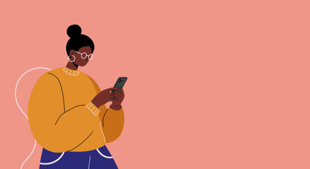 African American woman focused on her smartphone, embodying modern digital communication and online connectivity. Ideal for technology, social media, and everyday lifestyle concepts.