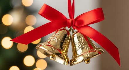 Festive golden bells adorned with a vibrant red ribbon, symbolizing holiday cheer and the spirit of Christmas.