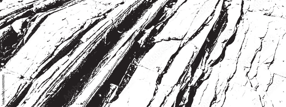 Aufkleber closeup of rough textured rock surface with deep cracks and striations creating natural black and wh