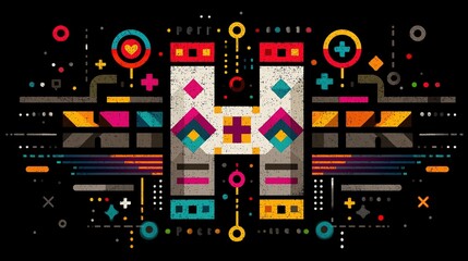 Tribal Geometric Letter 'H' with Colorful Symbols and Patterns