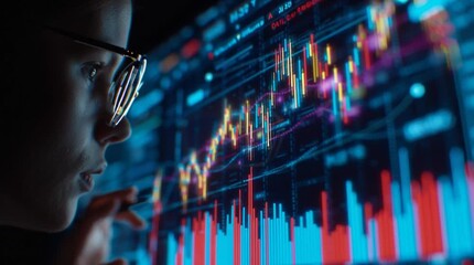 A close-up of a person analyzing a complex real-time data visualization on a digital screen, focused and futuristic. - Powered by Adobe