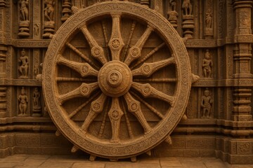 Ornate Wooden Wheel Design, Detailed Carving, Religious Symbol.