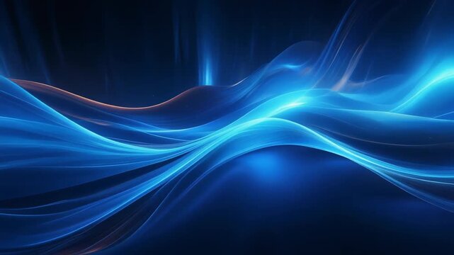 Piękne abstrakcyjne tło technologiczne z falującym niebieskim światłem, efektami cyfrowego blasku i futurystycznym koncepcyjnym stylem korporacyjnym. Płynny ruch, eleganckie krzywe, atmosfera wysokiej