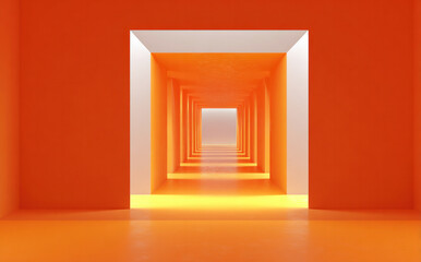 An orange corridor with multiple rectangular frames showing a perspective view, featuring abstract geometry and minimalist design.