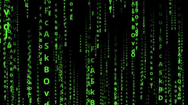 Glowing digits and alphabet of matrix code falling on a black background. 4K animation for film ads and movie.