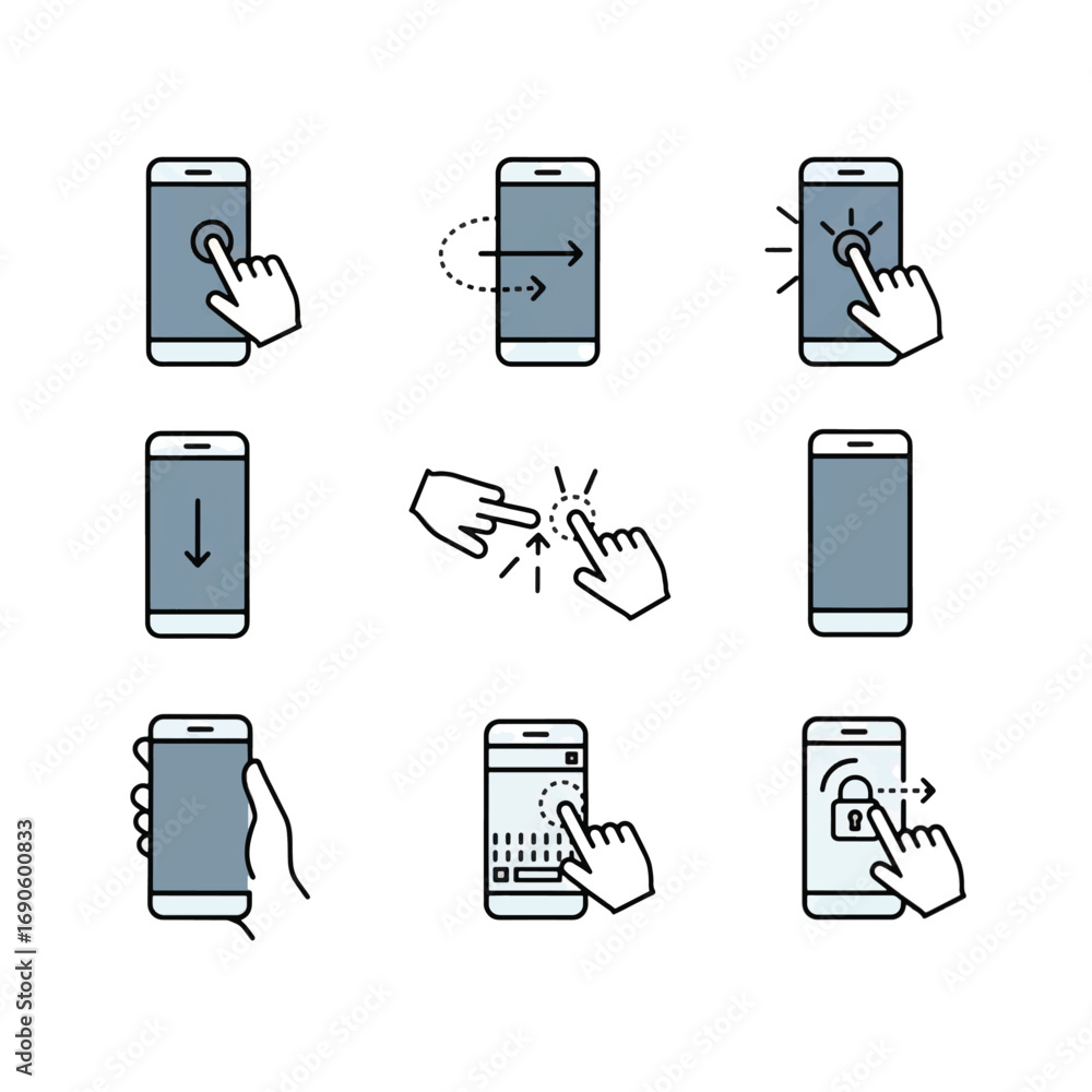 Poster clean flat style vector icons set for smartphone navigation and app functionality, designed for mode