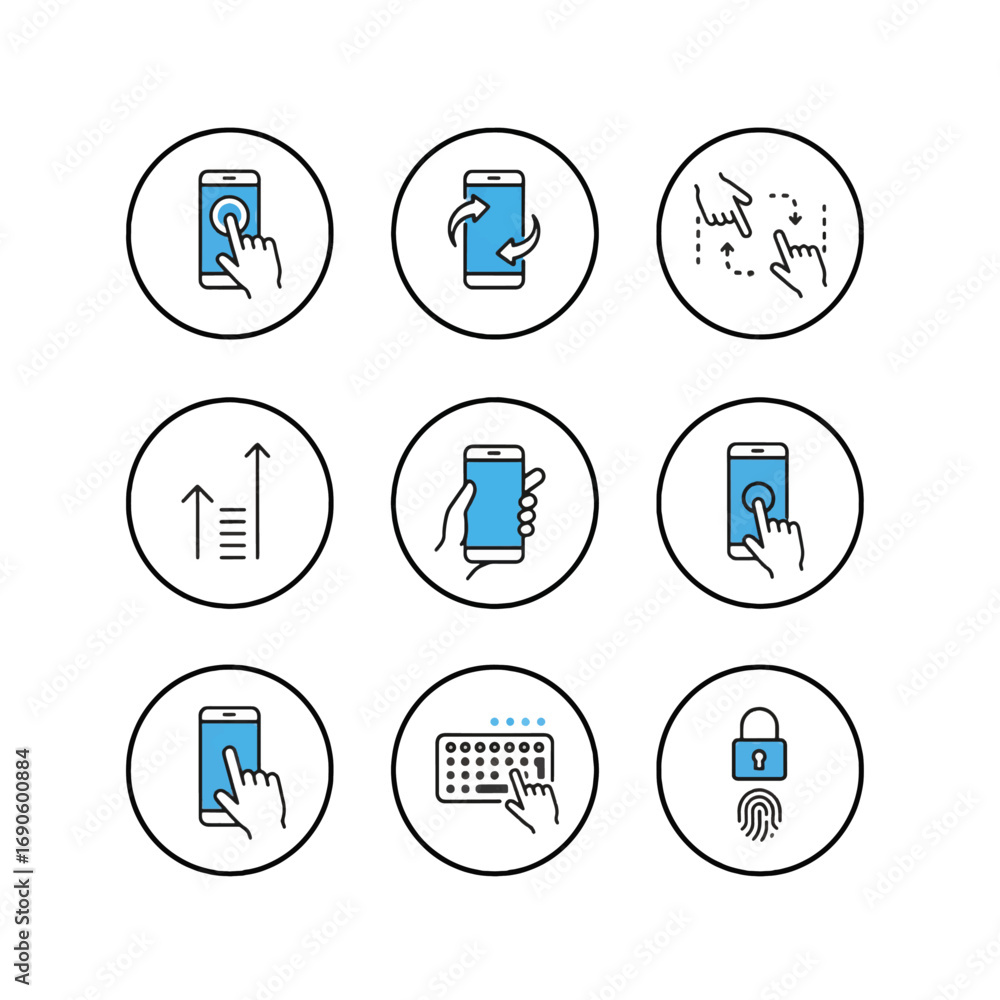 Fototapete Minimal vector icon collection for smartphone interface operations in modern flat style, perfect for mobile UI design, digital apps, and user-friendly technology graphics