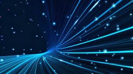Obraz premium Abstract digital illustration featuring vibrant blue light trails emanating from a central point, creating a sense of motion and depth against a dark background with glowing particles
