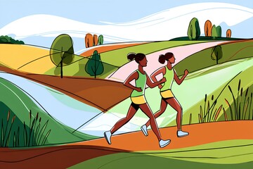 Obraz premium Woman and man jogging side by side through a vibrant autumn landscape, surrounded by colorful foliage and rolling hills, celebrating fitness in nature's beauty.