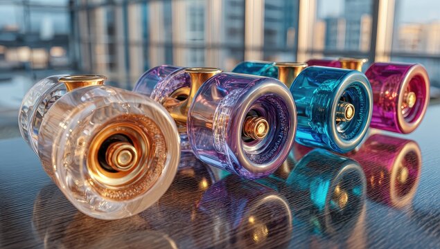 Colorful skateboard wheels on a dark surface
