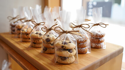 Delicious chocolate chip cookies in clear plastic bags tied with twine on a wooden surface, perfect for a bakery or sweet treat advertisement