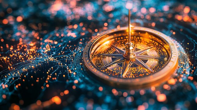 Golden compass on abstract digital network with glowing lights, guiding innovation and discovery