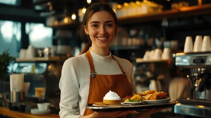 A young female waitress with a smile, offering breakfast pastries to customers at a bakery or restaurant.