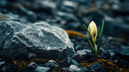 Crocus Among Rocks - Natural Flower Close - up / Spring Vitality Element / Micro Plant Material