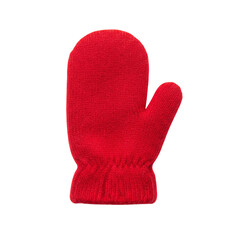 Single red knitted winter mitten isolated