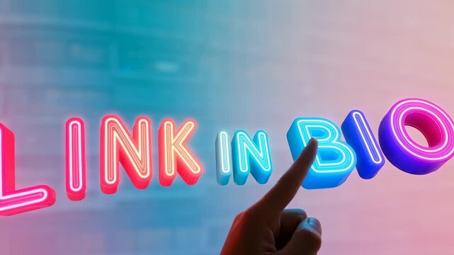 Video of Link in Bio Neon: A modern neon sign, casting a vibrant glow, points directly to the 'link in bio' message, inviting users to connect and explore further. - 4K