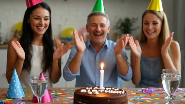 Video of Joyful Birthday Celebration: Capturing the magic of a happy birthday, this image features a group of smiling individuals, gathered around a birthday cake with a lit candle. - 4K