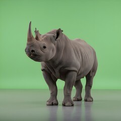 Obraz premium Black rhinoceros standing on green background studio shot
