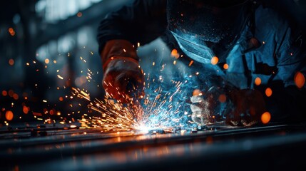 Welder in mask welds metal with sparks, wearing protective gloves and dark clothing. Great for illustrating industrial work, manufacturing, or skilled trades concepts.