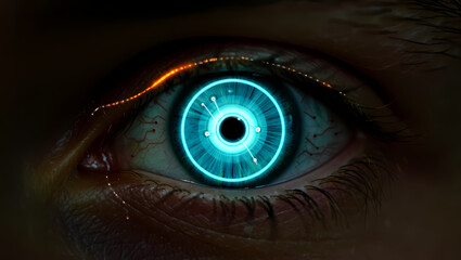 Closeup of a human eye with a futuristic, glowing blue iris and intricate digital patterns, evoking themes of technology and science fiction