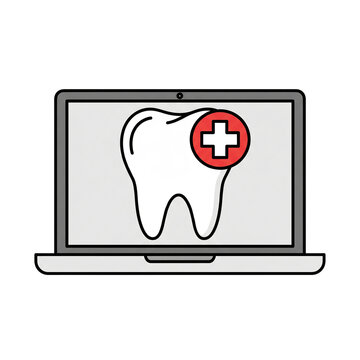Laptop Displaying Tooth Icon with Medical Cross for Online Dental Services