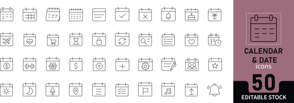 Minimal calendar and date line icons including schedule, event, deadline, reminder, planner, and time management. Editable stroke vector illustration.