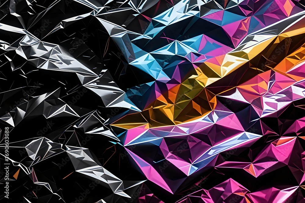 Poster abstract texture showing crumpled foil reflecting brilliant iridescent colors and geometric triangul
