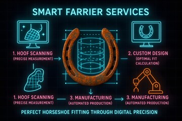 Modern Farrier Tools and Hoof Care Techniques Infographic for Equine Professionals