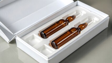Pharmaceutical brown glass ampoules in white box medical packaging sterile medicine injection liquid drug healthcare industry isolated clean background