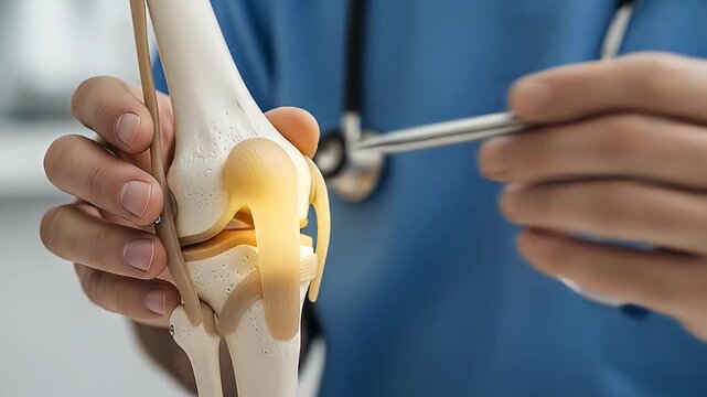 Orthopedic Surgeon Examining Knee Joint Model in Blue Scrubs with Stethoscope, Demonstrating Joint Function and Medical Assessment in Clinic Setting
