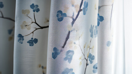 Elegant curtain fabric showcasing beautiful blue and yellow nature pattern. Perfect for home decor and interior design.